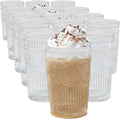 Kate Aspen Vintage Textured Clear Striped Drinking Glasses Set of 6, (13 oz) Ribbed Glassware with Flower Design | Cocktail Set, Glass Cups, Iced Coffee Cup (Pack of 4)