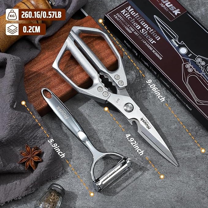 HUUSK Kitchen Scissors and Vegetable Peeler Set - Silver Stainless Steel Cooking Kitchen Shears for Food with Serrated Peeler, Heavy Duty Japanese Dishwasher Safe Meat Scissors, Gift for Men