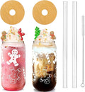 ANOTION Useful White Elephant Gifts for Adults Holiday - New Year Gift 18oz Christmas Coffee Mugs Glass Cups with Lids and Straws Gingerbread Tumbler Drinking Glassware Drinkware Gifts for Women