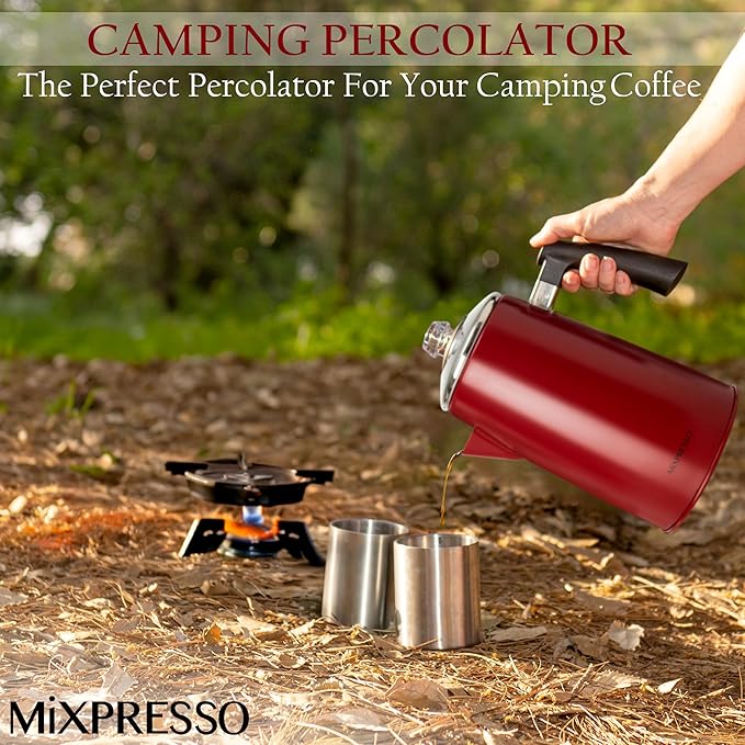 Mixpresso Red Stainless Steel Coffee Percolator Stovetop, 52 oz Classic Percolator Coffee Pot, Great For Camping Pot, 12 Cup Stove Top Espresso Maker, Cool-Touch Handle