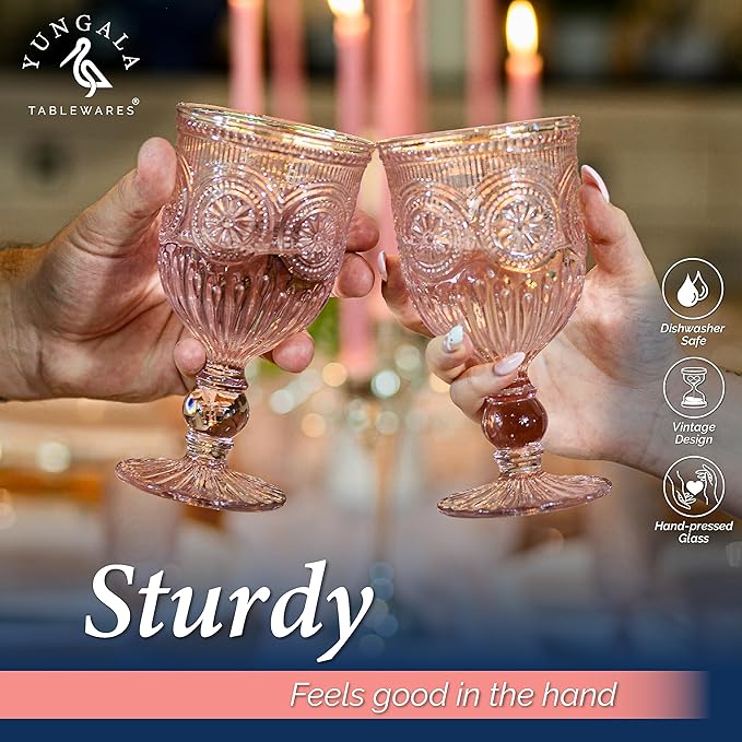 Yungala Pink Wine Glasses Set of 6 Vintage Hobnail Goblets 10 oz Transparent Glassware with Stems Dishwasher Safe