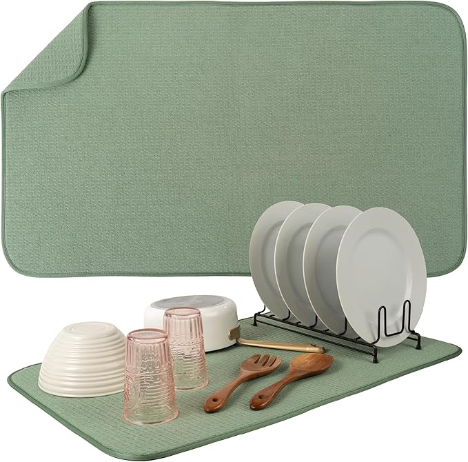 S&T INC. Dish Drying Mat Jumbo, 18” x 30”, Absorbent Microfiber Kitchen Counter Mat, Dish Drying Pad for Dishes, Utensils, Pots and Pans, Jumbo, Sage Green