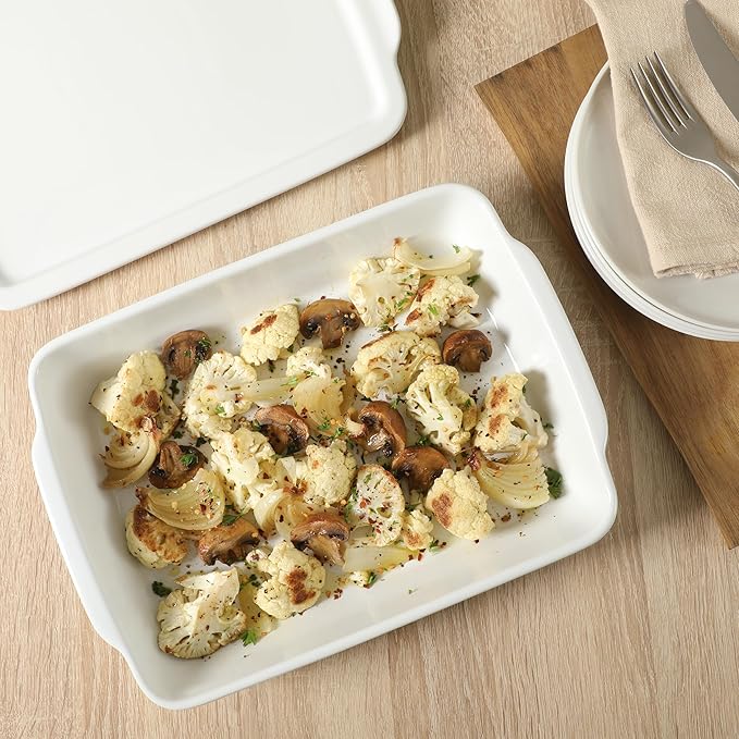 Gibson Home Gracious Dining 2.6-Qt White Stoneware Covered Baking Dish w/Multi-Purpose Lid – 12.7" x 9" Rectangular Oven Safe Casserole, Lasagna & Roasting Baker, Lid Doubles as Serveware or Trivet