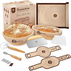 Banneton Bread Proofing Basket Set with Sourdough Bread Baking Supplies, A Complete Sourdough Starter Kit with Bread Lame, Danish Whish, Bowl & Dough Scraper, 2 Bread Slings, and Baking Mat