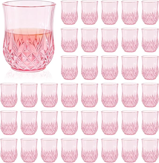 40 Pack Plastic Stemless Wine Glasses,12oz Unbreakable Vintage Elegant Drinking Glass Set,Reusable Fancy Cocktail Cups for Party, Wedding, and Bulk Events (40, 12oz-Pink)