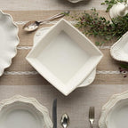 Heritage Square Baker 12" x 9.5" 80oz – Ivory Stoneware Baking Dish with Embossed Scroll Handles & Beaded Rim – Classic Oven-to-Table Serveware for Casseroles, Brownies, Roasts