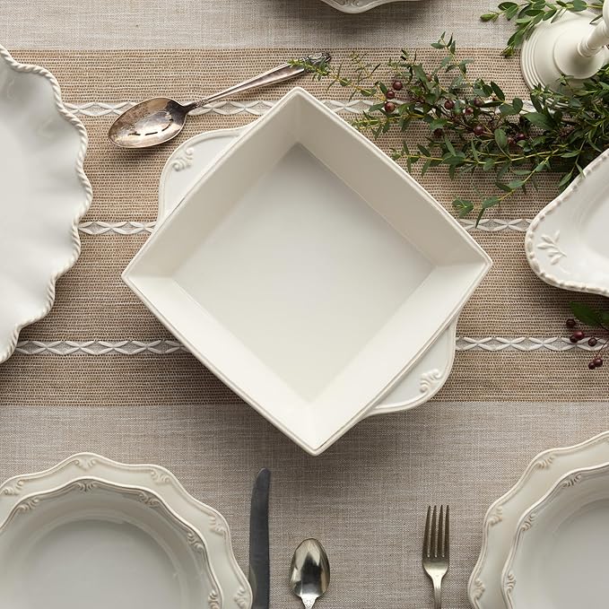 Heritage Square Baker 12" x 9.5" 80oz – Ivory Stoneware Baking Dish with Embossed Scroll Handles & Beaded Rim – Classic Oven-to-Table Serveware for Casseroles, Brownies, Roasts