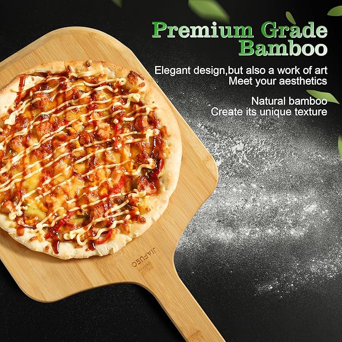 Pizza Peel 14 Inch, Large Bamboo Pizza Paddle Spatula - Wooden Serving Board, Oven Accessory for Baking Homemade, Wood Cutting Board for Cheese Bread Fruit Vegetables