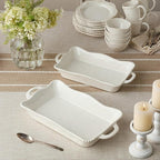 Perlette Cream Large Rectangular Ceramic Baker – 19 x 10 Inch Scalloped Oven-to-Table Stoneware Bakeware with Beaded Rim – Elegant Farmhouse Bake Dish for Lasagna, Casseroles, and Hosting