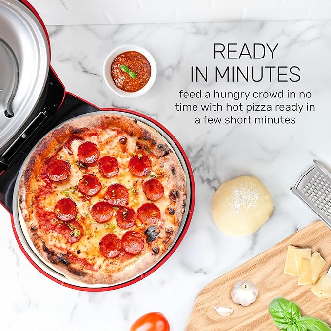 Homecraft Stone Baked Pizza Oven – 12in Woodfired Style Indoor Electric Countertop Pizza Maker – Ceramic Stone & Stainless Steel Peel – Variable Temp Control to 750°F – Homemade Pizza in Minutes-Red