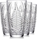 Vintage Drinking Glasses Set of 4, 16 oz Hand-Pressed Clear Glass Tumblers, Fern Embossed Retro Glassware, Textured Cups for Water, Cocktails & Beer, Decorative Kitchen Drinkware, Unique Boho Gift Set