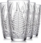 Vintage Drinking Glasses Set of 4, 16 oz Hand-Pressed Clear Glass Tumblers, Fern Embossed Retro Glassware, Textured Cups for Water, Cocktails & Beer, Decorative Kitchen Drinkware, Unique Boho Gift Set