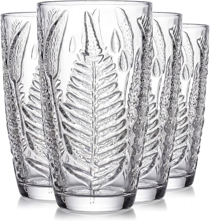 Vintage Drinking Glasses Set of 4, 16 oz Hand-Pressed Clear Glass Tumblers, Fern Embossed Retro Glassware, Textured Cups for Water, Cocktails & Beer, Decorative Kitchen Drinkware, Unique Boho Gift Set