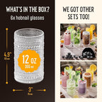 12 Oz Hobnail Drinking Glasses Set of 6 - Clear Multipurpose Glassware Sets, Decorative & Stylish Glasses Drinking Set W/Straws for Bar, Kitchen, Cocktail Glassware - Home, Dining, & Kitchen