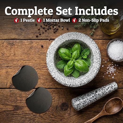 PriorityChef Heavy Duty Natural Granite Mortar and Pestle Set, 4 Cup Carved from Natural Granite, Make Fresh Guacamole, Stone Grinder Bowl, Herb Crusher, Spice Grinder, White