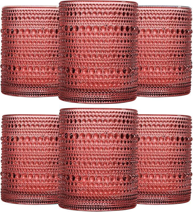 JOVGANK Red Vintage Hobnail Drinking Glasses Set of 6, Embossed Water Tumbler 12oz, Kitchen & Bar Beaded Glass Cups, Beverage Glass Cups for Water, Beer, Juice, Housewarming and Mother's Day Gift