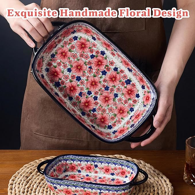 Ceramic Casserole Dishes for Oven, Hand-painted Polish Pottery Baking Dish Set of 2, 0.8QT / 2QT Porcelain Casserole Dishes with Handles, Baking Pan Lasagna Pan, Gift for Family/Friend (Red)