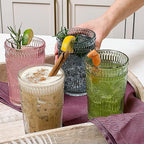 Kate Aspen Vintage Textured Clear Striped Drinking Glasses Set of 6, (13 oz) Ribbed Glassware with Flower Design | Cocktail Set, Glass Cups, Iced Coffee Cup (Pack of 4)