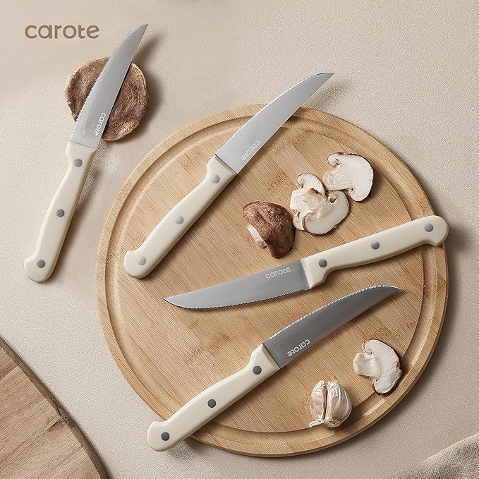 CAROTE 14 Pieces Knife Set with Block, Forged, High Carbon Stainless Steel Sharp Blade Block Knife Set, Dishwasher Safe Cutlery, Cream (Pack of 2)