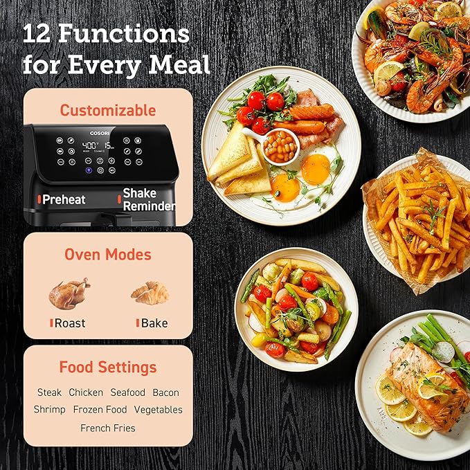 Cosori Clear Window Air Fryer, 6.5 Quart Large Compact Airfryer, 12 One-Touch Savable Custom Functions, Cookbooks and Online Recipes, Nonstick and Dishwasher-Safe