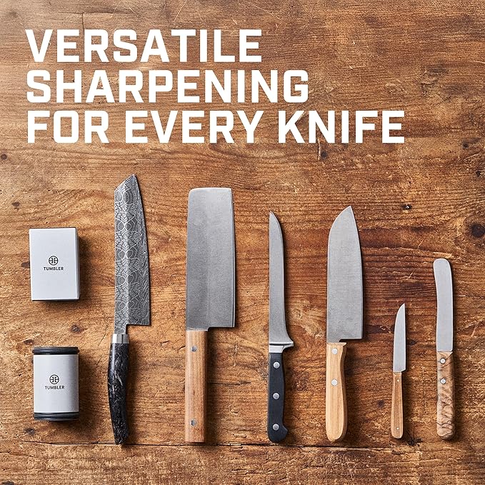 TUMBLER Pro Rolling Knife Sharpener™ - Knife Sharpening Made Easy - Ultimate Gift for Father's Day - Kit with Removable Disc System - 4-Layer Diamond Sharpening Disc & EdgeBoost Ceramic Disc (Grey)