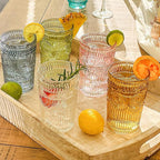 Kate Aspen Vintage Ribbed Green Drinking Glasses Set of 6-13 oz Colored Embossed Glass Cups for Water, Iced Tea, Cocktails - Perfect Holiday Drinkware, Christmas Entertaining & Gift Set