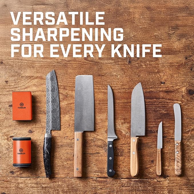 TUMBLER Pro Rolling Knife Sharpener™ - Knife Sharpening Made Easy - Ultimate Gift for Father's Day - Kit with Removable Disc System - 4-Layer Diamond Sharpening Disc & EdgeBoost Ceramic Disc (Orange)
