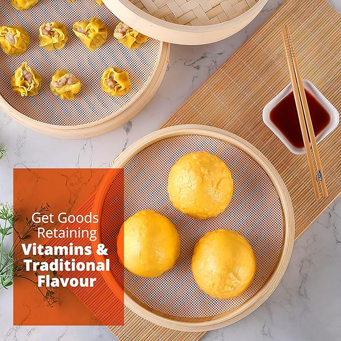 KITCHENCRUST Bamboo Steamer Basket for Chinese Asian Cuisine - 2 Tier 10-Inch Steaming Basket Bun Vegetable Bao Buns, Sauce Dish, Chopsticks, Reusable Liners
