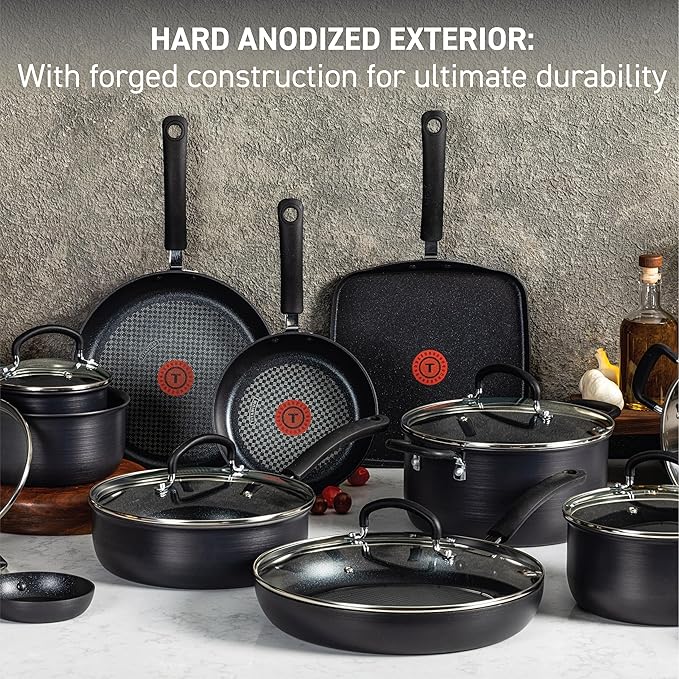 T-fal Ultimate Hard Anodized Nonstick Cookware Set 12 Piece, Oven Broiler Safe 400F, Lid Safe 350F, Kitchen Cooking Set w/Fry Pans, Saucepans, Dutch Oven, Pots and Pans, Dishwasher Safe, Onyx