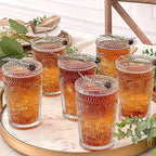 Kate Aspen Vintage Textured Clear Striped Drinking Glasses Set of 6, (13 oz) Ribbed Glassware Set with Flower Design | Cocktail Set, Glass Cups, Iced Coffee Cup