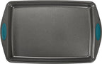 Rachael Ray Nonstick Bakeware Set with Grips includes Nonstick Bread / Baking Pans, Cookie / Baking Sheet and Cake Pans - 10 Piece, Gray with marine blue grips