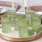 Kate Aspen Vintage Ribbed Green Drinking Glasses Set of 6-13 oz Colored Embossed Glass Cups for Water, Iced Tea, Cocktails - Perfect Holiday Drinkware, Christmas Entertaining & Gift Set