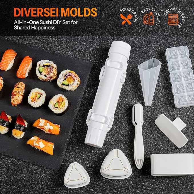 ISSEVE Sushi Making Kit, 25 in 1 Sushi Bazooka Maker with Sushi Molds, Bamboo Mat, Bamboo Chopsticks, Sushi Knife,Nigiri Mold,Onigiri Mold,Musubi mold,DIY Sushi Roller Machine