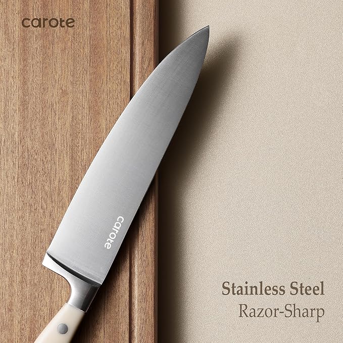 CAROTE 14 Pieces Knife Set with Block, Forged, High Carbon Stainless Steel Sharp Blade Block Knife Set, Dishwasher Safe Cutlery, Cream (Pack of 2)