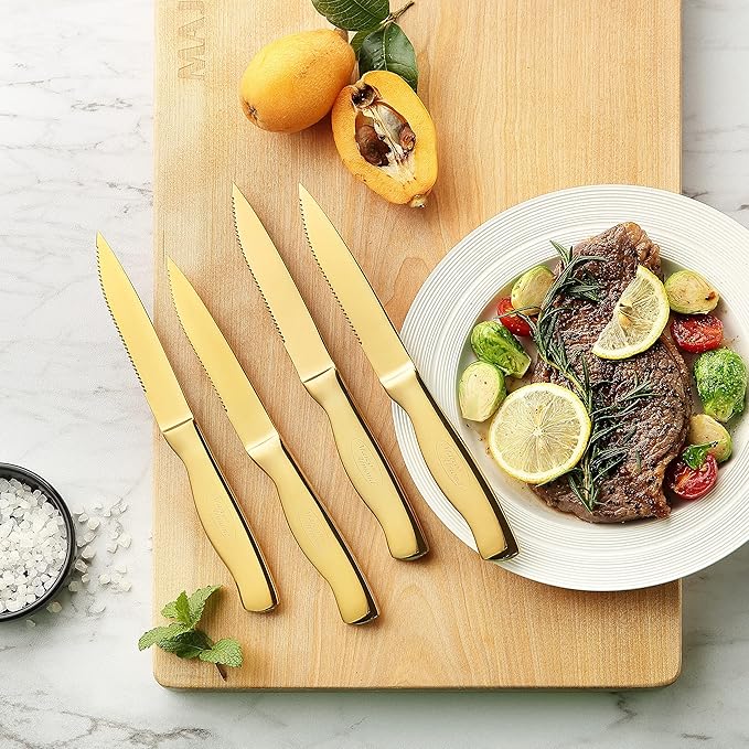 Marco Almond® Gold Knife Set, Knife Block Set MA21,Titanium Coated 14 Pieces Stainless Steel Chef Gold Kitchen Knife Sets with White Block