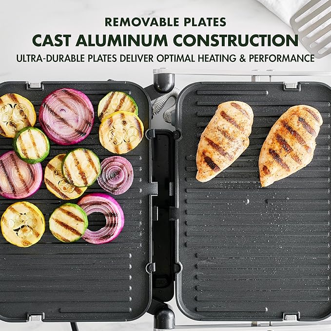 GreenPan Electric Indoor Stainless Steel 6-in-1 Contact Grill and Griddle, Healthy Ceramic Nonstick, Dishwasher Safe Reversible Plates, PFAS-Free